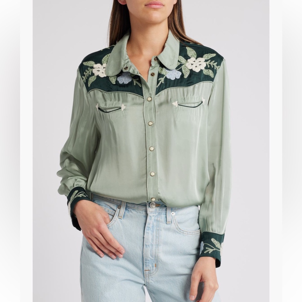 THE GREAT. Green Floral Embroidered Button-Down Shirt